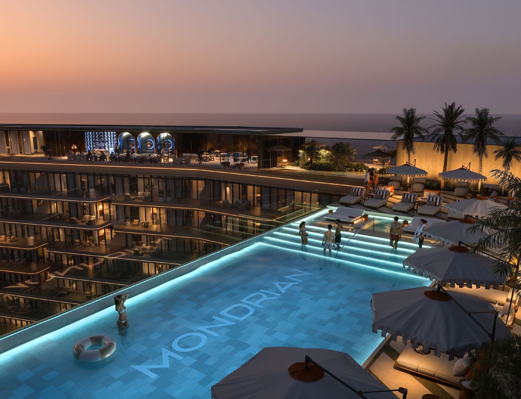 Rooftop sky pool at night